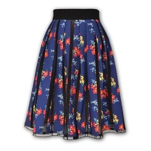 Floral Print Skirt A-Line‎ Lace Trim Navy Blue Red Yellow Flowers. 14 J Peterman